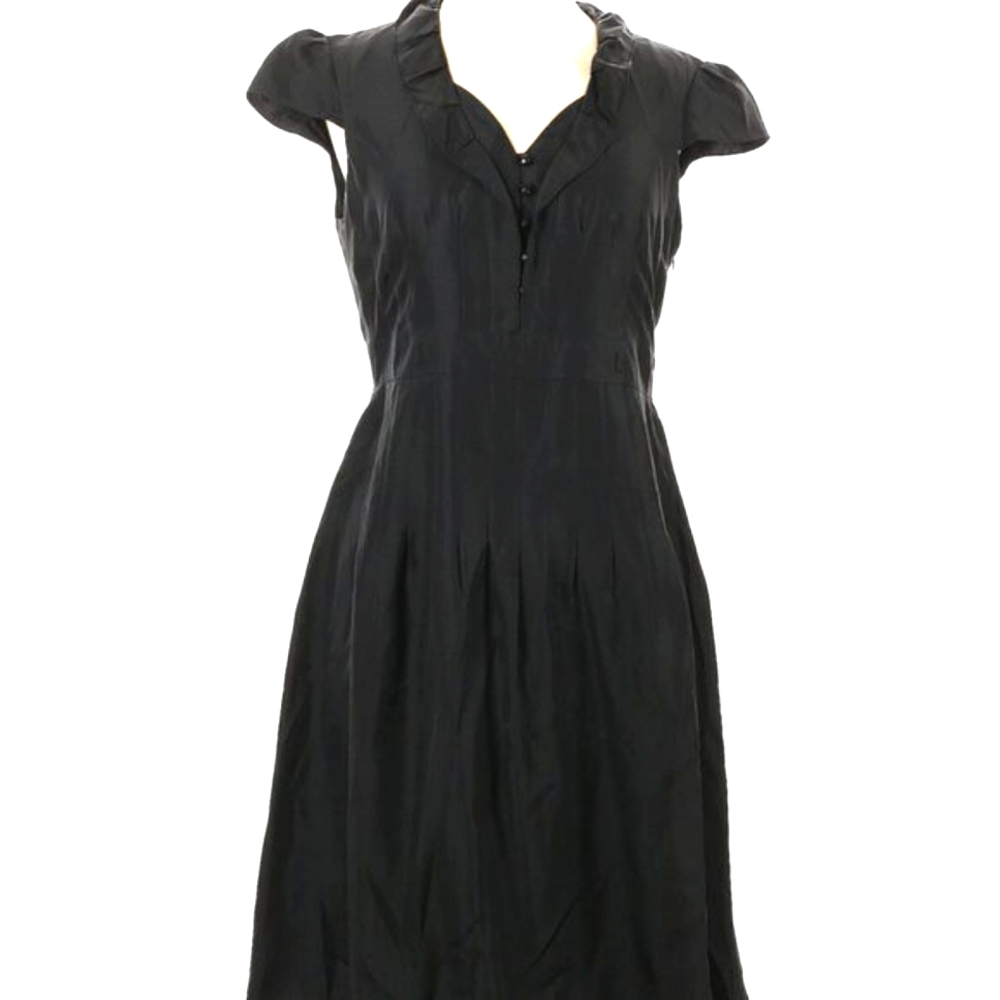✨ Tahari by ASL Black Silk Dress Faceted Button Bodice & Embroidered Hem Size 10